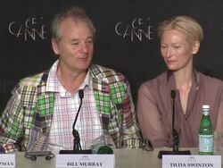 INTERVIEW: Tilda Swinton, Bill Murray, Edward Norton, Bob Balaban, Jason Schwartzman on working with Wes Anderson at  Moonrise Kingdom Press Conference: 65th Cannes Film Festival on May 16, 2012 in Cannes, France (Footage by WireImage Video/Getty Images) Stock Footage