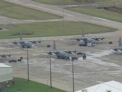 WS AERIAL PAN ZI DS Shot of air force plane standing at Niagara Airport / New York, United States  Stock Footage