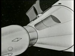 B/W 1965 animated Soviet cosmonaut exiting spacecraft / SOUND Stock Footage