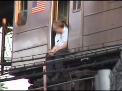 2003 blackout, subway driver sitting in doorway Stock Footage