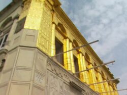 CU TU View of upper level of Golden Temple and walkway / Amritsar, Punjab, India Stock Footage