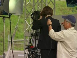 MS Shot of television news crews working outside during G8 meeting / Hokkaido Toyako, Japan Stock Footage