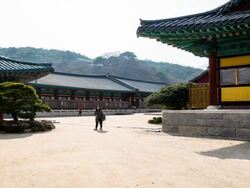 WS T/L Landscape of Tongdosa (One of Three Jewel Temples of Korea) with spectator / Yangsan, Gyeongsangnamdo, South Korea Stock Footage