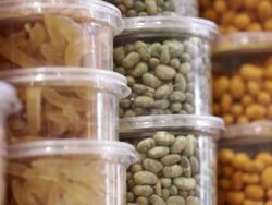 Grocery. Jars of nuts, seeds dried fruits Stock Footage