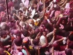 MS Shot of people celebrating Holi festival at Banke Bihari Temple, Vrindavan / Mathura, Uttar Pradesh, India Stock Footage