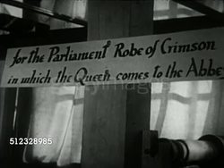 1953: CLOTH FOR CORONATION: Angled WS Warner & Sons building, WS Hilda Calver weaving on hand loom, J.W. Beard watching, sign '...Robe of Crimson...', VS Hilda weaving, MS Sign '...Robe of Purple Velvet...' VS Lilly (Lila) Lee weaving on hand loom. Instructional Video