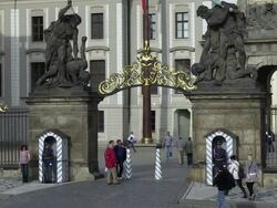 MS Tourists taking photo with guards at Prague castle / Prague, Hlavni mesto Praha, Czech Republic Stock Footage