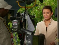 MS Shot of television news crews working outside during G8 meeting / Hokkaido Toyako, Japan Stock Footage