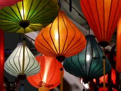 ECU Chinese lanterns hanging as decoration at night / Singapore Stock Footage