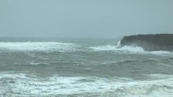 Hurricane Irene storm waves crash against the rocky coastline near Jamestown, Rhode Island. Stock Footage