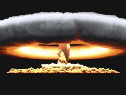 WS View of very large nuclear explosion showing smoke, fire with lens flare on keyable backdrop / Montreal, Quebec, Canada Stock Footage