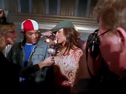 Low angle medium shot female reporter interviewing famous woman Stock Footage