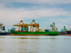 Container Ship at the port of loading Dolly Shot Stock Footage