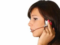 Customer support phone operator smiling and speaking Stock Footage