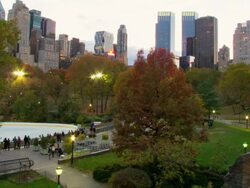 WS T/L View of Central Park with ice skate rink and skyline from day to night / New York City, New York, USA. Stock Footage