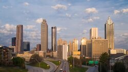Elevated view over Freedom Parkway and the Downtown Atlanta skyline, Georgia, United States of America Stock Footage