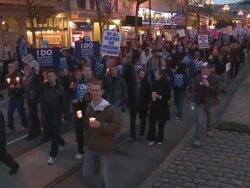 2009 WS People marching along street at a rally in support of same-sex marriage/ San Francisco, California, USA/ AUDIO Stock Footage