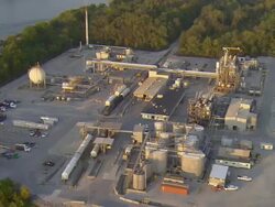 WS AERIAL View of BASF Polymer facility ot Tennessee River near / Chattanooga, Tennessee, United States Stock Footage