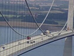 WS AERIAL ZO View of cars on Great belt bridge / Fyn, Denmark Stock Footage