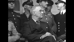 Churchill, Roosevelt and Stalin sit on porch of Soviet Embassy at Tehran Conference during World War II News Clip