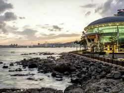 WS T/L View of Architecture of Dongbaek Island and Gwangan Bridge(popular tourist attraction) at night / Busan, Gyeongsangnam Do Province, South Korea  Stock Footage