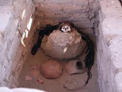 MS Shot over skull with long hairs in Chauchilla cemetery / South Of Peru, Nazca, Peru Stock Footage