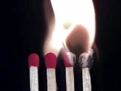 Four igniting and burning matches, Consecutive Ignition  against black background, slow motion Stock Footage