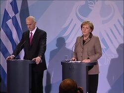 ATV Merkel meets Greek PM after austerity measures approved, presser, demo News Clip