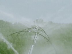 Slow Motion Water sprays from irrigation pipe in alfalfa field Stock Footage