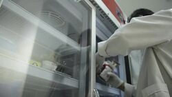 Asia medical technician woman doing quality control of blood bag during storage refrigerator in laboratory hospital Stock Footage