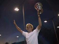 CU, LA, Young male tennis player holding trophy, dusk, Santa Barbara, California, USA Stock Footage