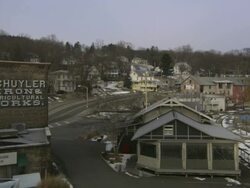 High Angle static - The Schuyler Iron and Architectural Works building overlooks a snow-dusted neighborhood in Vermont. / Vermont, USA Stock Footage