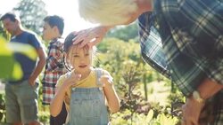 Grandmother helping granddaughter brush bangs out of face in sunny garden Stock Footage