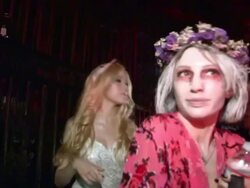 Katherine McNamara as a Beautiful Fallen Angel entering the 2014 Just Jared Halloween Party at No Vacancy in Hollywood Stock Footage