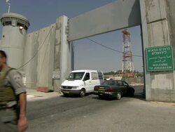 MS PAN Israeli guard at checkpoint into Jerusalem / Bethlehem, Palestine, Israel Stock Footage
