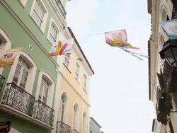 MS LA Shot of Colorful decorations blowing in wind on street / Salvador, Bahia, Brazil  Stock Footage