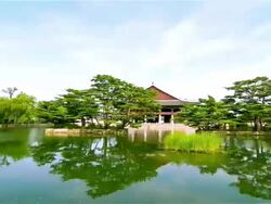 MS T/L POV TS Shot of Gyeonghoeru Pavilion in Gyeongbokgung Royal Palace / Seoul, South Korea Stock Footage