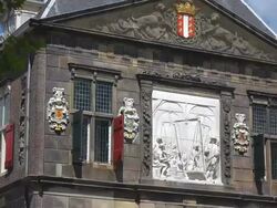 MS Shot of Goudse Waag, Cheese and Craft Museum at Market Square / Gouda, South Holland, Netherlands Stock Footage