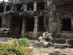 MS PAN Shot of ancient building ruins at archaeological site, Udayagiri and Khandagiri Caves / Bhubaneswar, Orissa, India Stock Footage