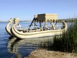 MS PAN Straw dragon boat on Lake / Puno, Lake Titicaca, Ecuador    Stock Footage
