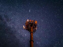 MS T/L Shot of communication towers over Milky way with shooting star in Jirisan National Mountain park / Gurye, Jeollabuk do, South Korea  Stock Footage