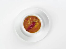 CU Round white plate with bowl with tortilla, chili, hot pepper soup / Omaha, Nebraska, United States Stock Footage