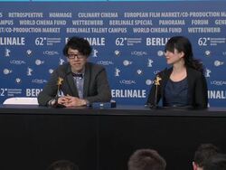 INTERVIEW: Atsushi Wada on thining his film might be too weird to win the award at Winners Press Conference Reactions: at the Grand Hyatt on February 18, 2012 in Berlin, Germany.  Stock Footage