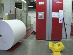 MS PAN Shot of web press at newspaper printing office / Russelheim, Hesse, Germany Stock Footage
