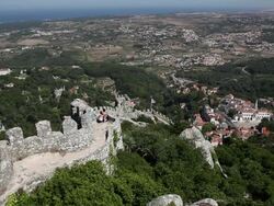 Sintra, Castle of the Moors (Castelo dos Mouros), view of the  walls, and the valley and North Atlantic Ocean, Sintra  Stock Footage