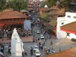 Lens baby view over Durbar square, Bhaktapur City, Nepal in the Kathmandu Valley, Asia Stock Footage