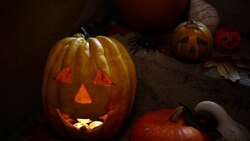 Halloween pumpkin decoration on stone stairs Stock Footage