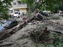 Smashed and overturned vehicles after the devastating flooding in Varna, Bulgaria Stock Footage