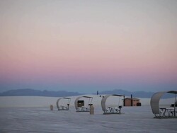 WS PAN Picnic shelters in White Sands National Monument / Alamogordo, New Mexico, United States Stock Footage