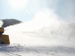 WS View of snow making machines operating to make snow at the ski slopes of Pyeongchang (The venue for the 2018 Winter Olympics) / Pyeongchang, Gangwon do, South Korea  Stock Footage